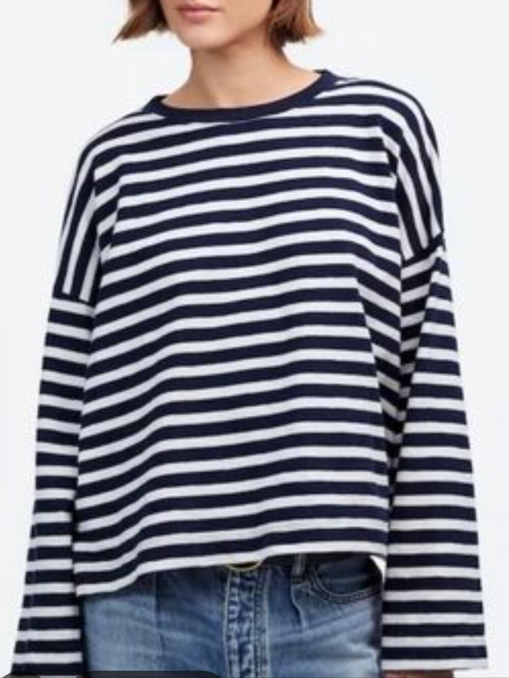 Eileen Fisher Linen Striped Top Sweater Scoop Neck Long Sleeve Navy White M